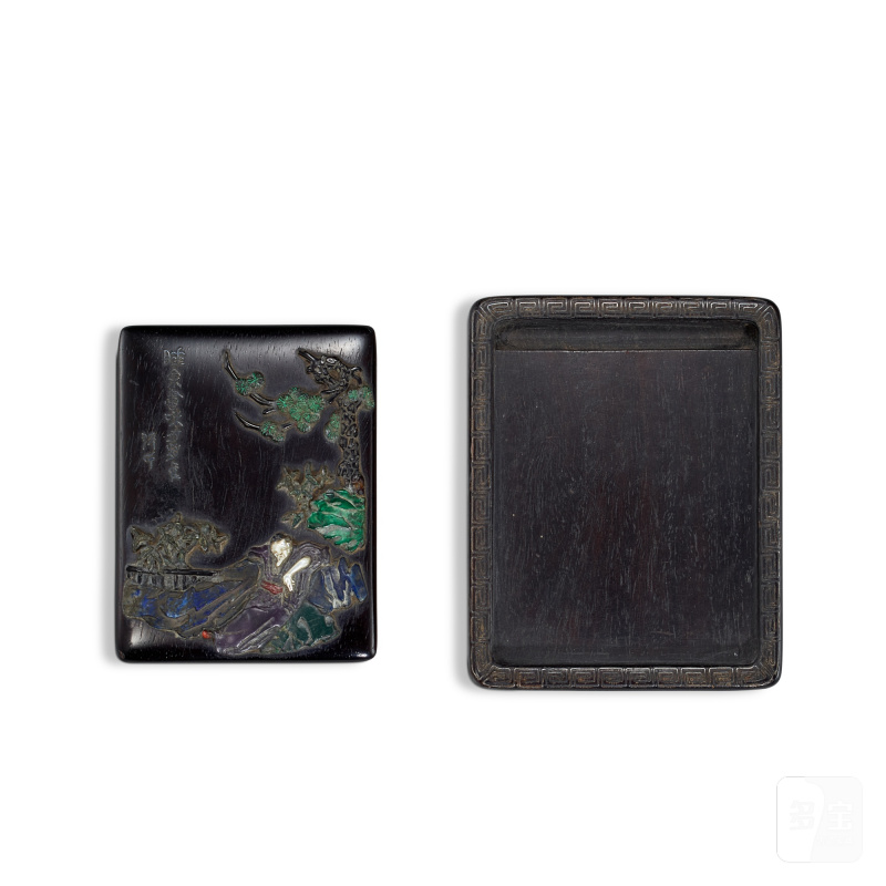 A silver and hardstone-inlaid zitan 'scholar' ink box and cover, Qing dynasty | 清 紫檀錯銀嵌寶蓋硯 - 图3